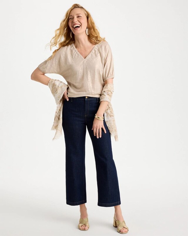 Fog Foiled Linen Ruched V-Neck Tee - image 2